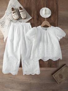 SHEIN 2 件套年轻女孩纯色圆领短袖休闲上衣和长裤 - 彩色 - 查看 1