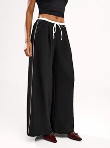 SHEIN BAE Women's Loose Wide Leg With Contrast Waist Side Pockets Simple Low Waist Pants, Suitable For Commuting, Casual, Fashion, Retro Style, Office Wear - Black - View 5