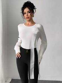 Chiquease Women's Elegant Solid Color 3D Flower Draped Sweater, Autumn/Winter Knit Pullover Fall - White - View 5