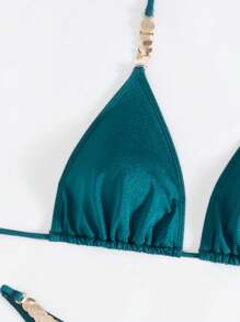 Swim Vcay Women's 3pcs Solid Beach Outfit For Summer Holiday, Including Halter Bikini Top, Tie-Front, Metal Decor, And Beach Dress