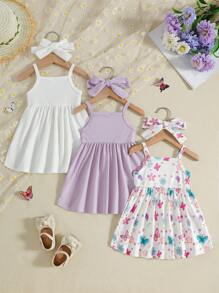 SHEIN Vintaside Kids 3 件套女婴可爱花卉和蝴蝶印花休闲简约连衣裙套装 - 彩色 - 查看 2