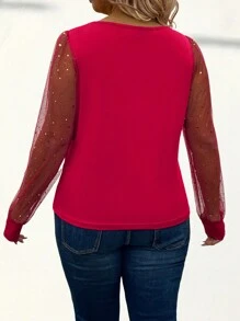 EMERY ROSE 大码女式网眼拼布圆领长袖休闲 T 恤 - 紅色 - 查看 2
