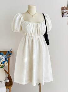 Dreamara Plus Size Women Romantic White Jacquard Fabric Ruffle Short Sleeve A-Line Mini Dress, Spring Wedding Season Vacation - White - View 3