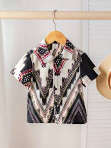 SHEIN Cardigan Kasual Lengan Pendek Berkerah Motif Tradisional untuk Bayi Laki-laki - MultiWarna - View 4