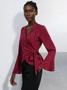 Aveloria Modichic Blusa de manga larga con cuello en V ajustada, mangas abullonadas y lazo lateral para mujer