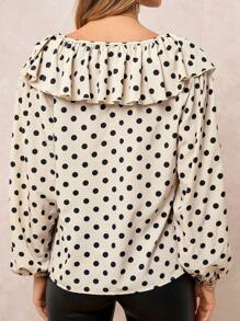 SHEIN Clasi Camisa elegante de manga larga para mujer con estampado de lunares en color albaricoque y negro, cuello con volantes y mangas acampanadas, adecuada para viajar y vacaciones en primavera y otoño, uso diario