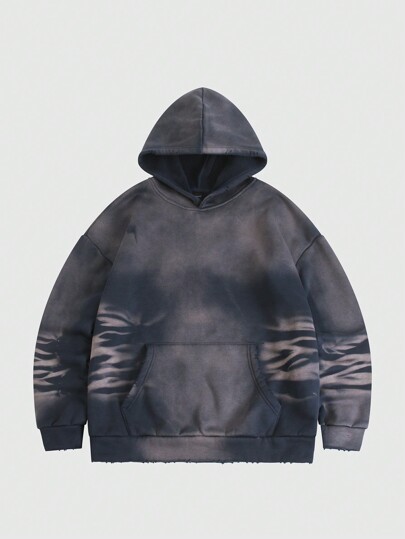 Grunge Punk Men's Zebra Print Distressed Drawstring Hoodie Sweatshirt