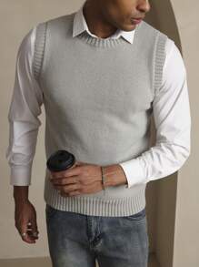 Manfinity Homme Men's Solid Color Crew Neck Sleeveless Knit Vest, Casual Everyday Wear