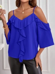 SHEIN Clasi Ladies Solid Color Off Shoulder Ruffle Trim Spring Shirt - Royal Blue - View 3