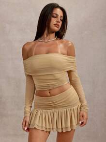 SHEIN BAE Damski, modny, jednokolorowy, odsłaniający ramiona, skrócony top i mini spódniczka, 2 sztuki - Kolor khaki - Zobacz 3