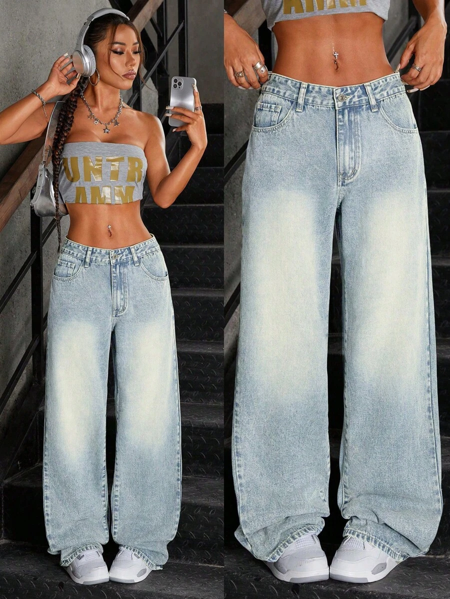 SHEIN ICON Casual Vintage Washed Loose Waist Wide Leg Jeans - Light Wash - View 1