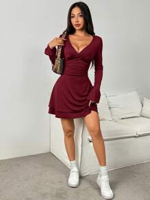 SHEIN EZwear V-Neck Cinched Waist Long Sleeve Women Wine Red Dress, Autumn New Arrival - Burgundy - View 6
