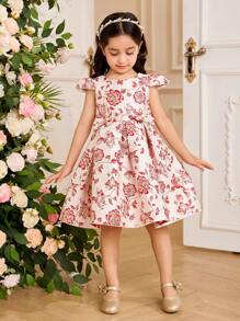 SHEIN Glamorique Kids 复活节花童、生日派对、婚礼礼服 - 女孩公主裙、短袖、前蝴蝶结、提花花卉图案、红色，适合特殊场合、舞台表演、派对、拍照 - 所有季节 - 紅色 - 查看 3