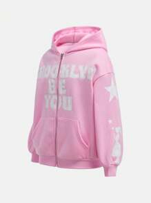 SHEIN Sudadera con capucha casual holgada con gráfico de letras para niña preadolescente