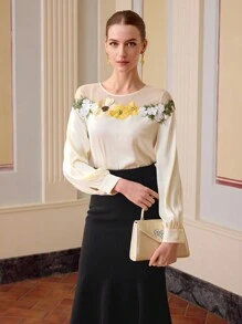 ZEYLAH CONTRAST MESH FLORAL Applique PATCHED LONG SLEEVES BLOUSE, SATIN BLOUSE,SPRING/SUMMER - Apricot - View 6
