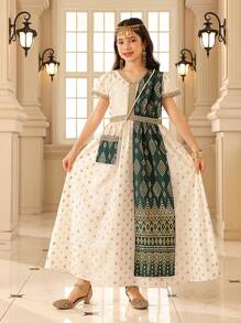 Tween Girls' Elegant V-Neck Cap Sleeve Foil Geometric Print Dress - Green - View 5