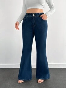 EURMUSE 98%Cotton Ladies Plus Size Flared Jeans With Slant Pockets - Dark Wash - View 3