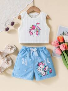 少女核心夏季少女套装：白色罗纹可爱独角兽印花休闲短裤和上衣套装，搭配时尚牛仔效果珍珠纽扣装饰腰带蝴蝶结系带背带短裤 - 白色 - 查看 1