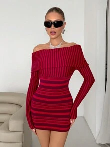 EgrlEra Women's Red Long Sleeve Mini Sweater Dress Fall Cloth For Women - Burgundy - View 1