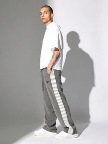 SUMWON Premium Ribbed Drop Crotch Athletic Jogger Sweatpants With Side Stripe Detail, Casual Streetwear Training Pants For Workout Loungewear Urban Fashion - Dark Grey - View 3