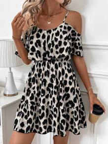 SHEIN Clasi Women's Leopard Print Shoulder Strap Ruffle Hem Strap Dress For Autumn Outing - Grey - View 4