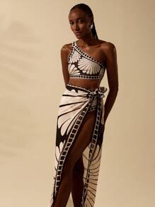 CAJUNI Váy sarong đi biển in họa tiết vỏ sò màu đen và màu mơ Bohemian dành cho nữ, phong cách nghỉ dưỡng thường ngày, mùa hè - màu đen - Xem 4