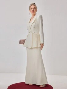 Modelyn Women's Elegant Peter Pan Collar Long Sleeve Pleated Hem Business Blazer Jacket, Spring & Autumn - White - View 4