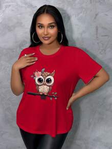INAWLY Plus Size Round Neck Cartoon Print Short Sleeve Casual Tee