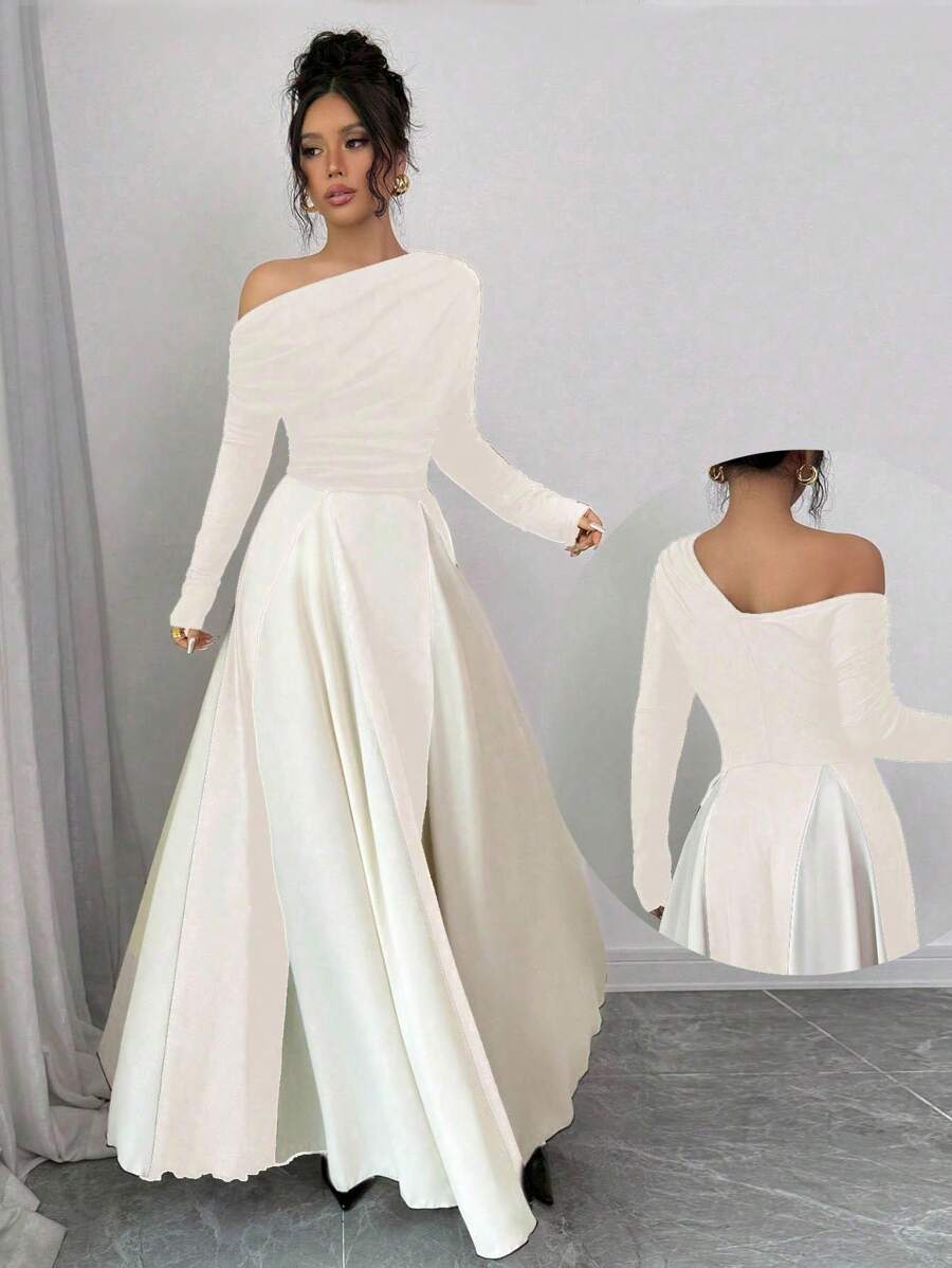 Rafferiza Váy Maxi Thanh Lịch Thường Ngày Cho Nữ, Vai Xiên Nhún, Viền Bất Đối Xứng, Tay Dài Ôm Sát, Trang Phục Maxi Cho Nữ - Màu be - Xem 1