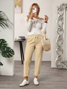 SHEIN Essnce Quần Jeans Co Giãn Lưng Thun Co Giãn Giặt Thường Ngày Denim Dày - Màu Khaki - Xem 3