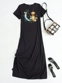 Al Najma Ramadan arabischer Stil lässiger weiter Rundhals Kurz-Top und Weite Hose Set für Frauen, lässige lange Kleider - Schwarz - Übersicht 1