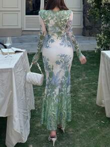 DAZY فستان نسائي ضيق بطبعات زهرية وأكمام طويلة وياقة على شكل حرف V، أنيق، فستان خريفي