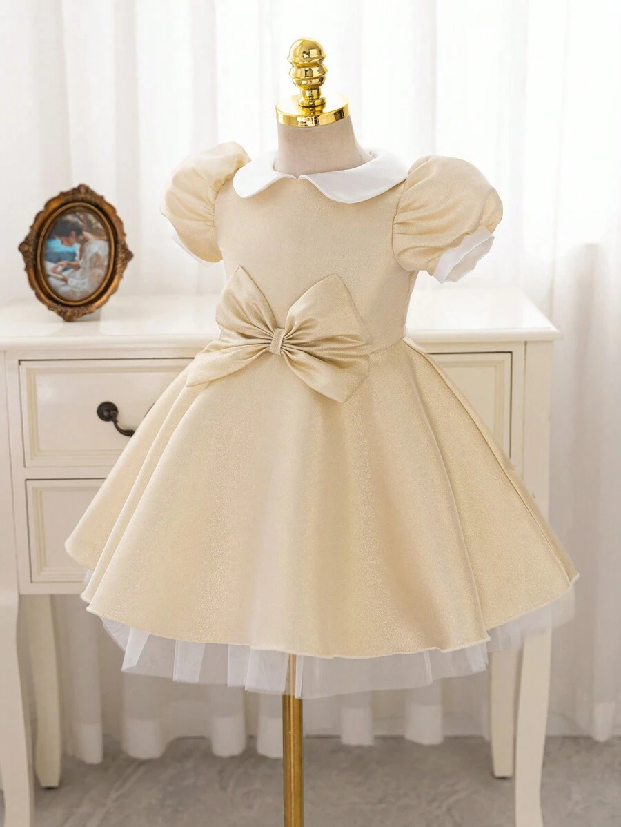 Glamorique Kids 舞会礼服年轻女孩/年轻女孩优雅金色闪亮面料泡泡袖收腰派对礼服,适合舞会和聚会 - 香檳色 - 查看 1