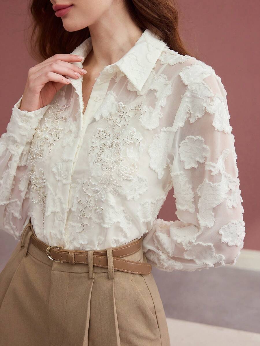 MOTF PREMIUM Camicetta con tessitura e ricamo floreale