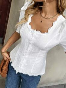 Pariaura Women's Elegant French Lace Patchwork Cotton Short Sleeve Blouse