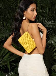 SHEIN SXY Ladies, Women Top Handle Bags, Straw Bag, Fashionable, Elegant, Simple, Personalized, Versatile, Yellow, For Beach, Vacation, Holiday, Summer, Seaside