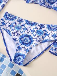 3 stuks/set badkleding voor meisjes, mesh top met vintage porseleinen bloemenprint