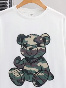 SHEIN 2 件套青少年男孩休闲百搭熊迷彩印花图案圆领宽松 T 恤和迷彩短裤套装，适合学校、花园、海滩、生日、春季、夏季、秋季、冬季 - 彩色 - 查看 4