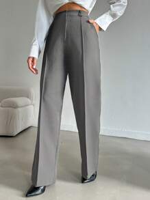 EURMUSE Women's Solid Color Front Button Straight Leg Casual Pants, Daily Wear - Light Grey - View 4