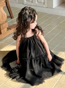 DAZY Young Girl Solid Color Mesh Patchwork Sleeveless Slip Dress,Girls Summer Outfits - Black - View 7