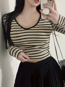 DAZY T-shirt court à manches longues ajusté rayé avec col en V pour femmes, printemps/été/automne