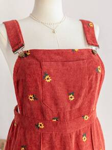 Soleia 大码女式节日秋冬红棕色灯芯绒刺绣雏菊宽松吊带裤