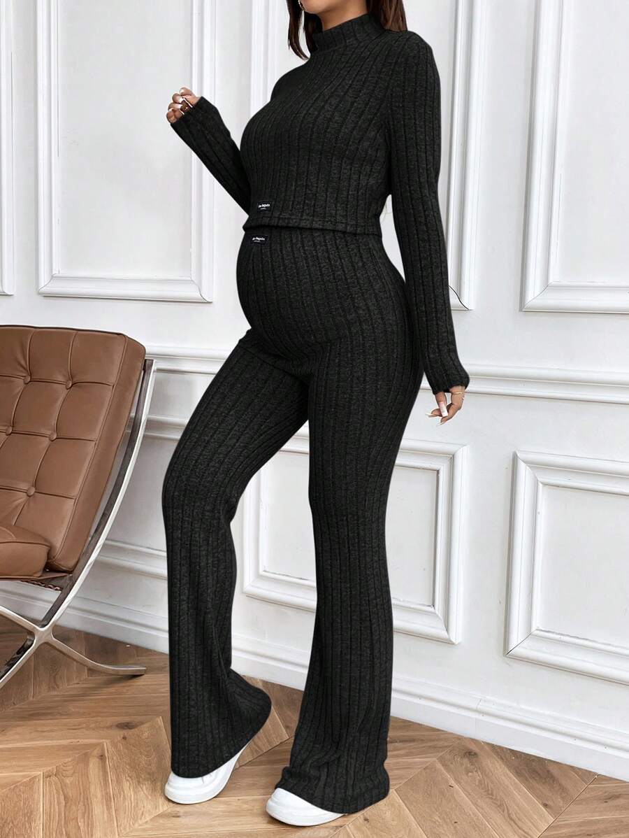 SHEIN Bộ 2 món áo crop top cổ bẻ và quần ống loe cho bà bầu, trang phục bó sát mùa thu - màu đen - Xem 1