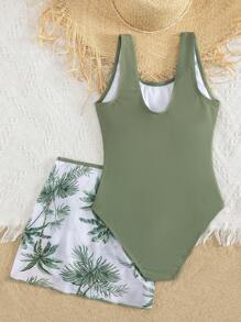 SHEIN Tween Girls Vacation Style Green One-Piece Swimsuit With Tropical Plant Print Mesh Skirt Summer Holiday - Army Green - View 2