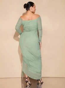 SHEIN BAE Plus Size Women's Off Shoulder Ruched Ruffle Trim Flowy Elegant Party Maxi Bodycon Dress, Green - Mint Green - View 2
