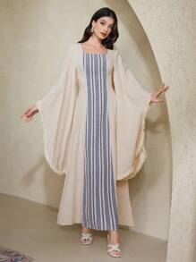 Al Najma Damen elegantes Farbblock gestreiftes Trompetenärmel Kleid im arabischen Stil, bescheidenes bodenlang Kleid - Aprikosenfarben - Übersicht 5