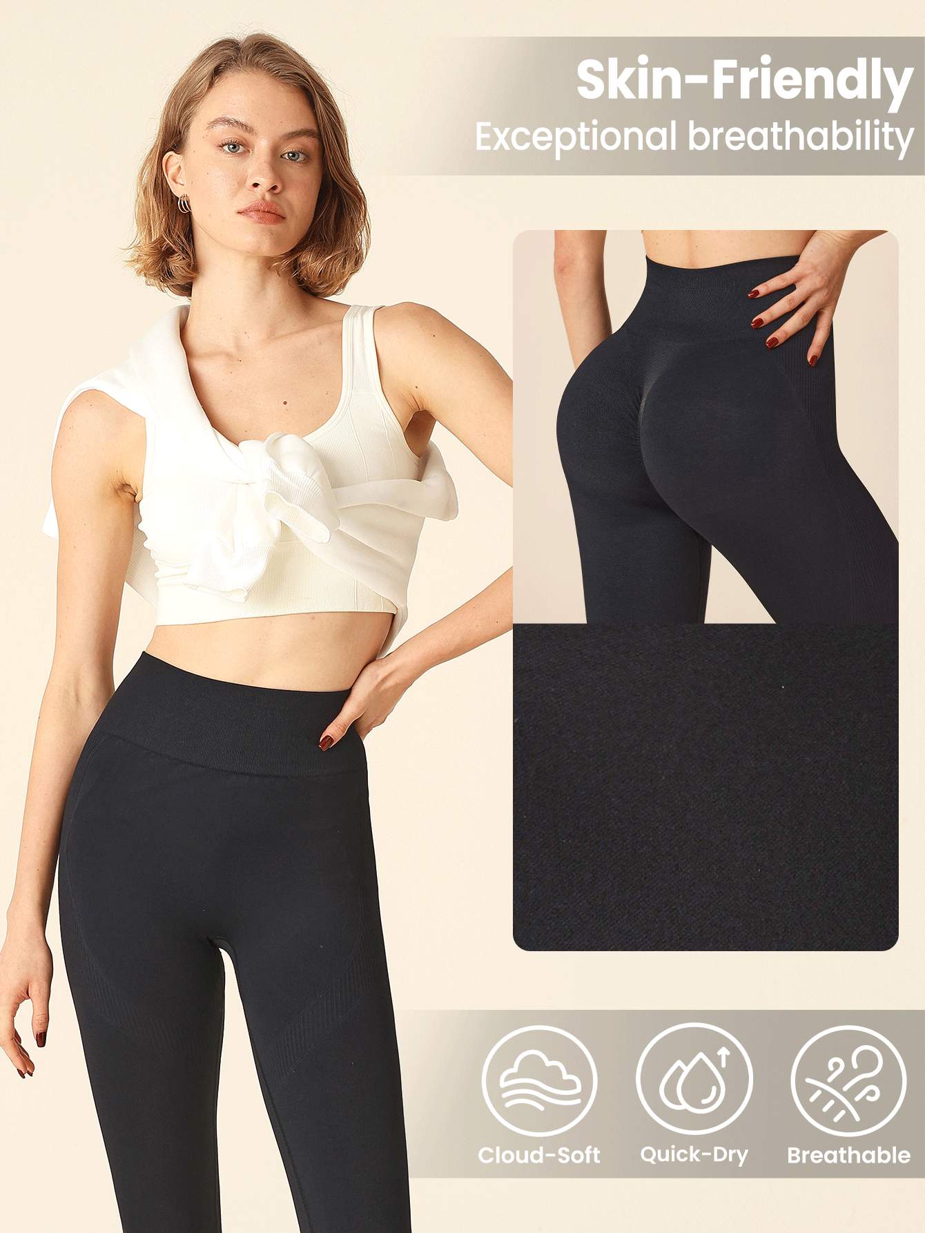 Lifespree 女式无缝高弹力瑜伽紧身裤 - 黑色 - 查看 2