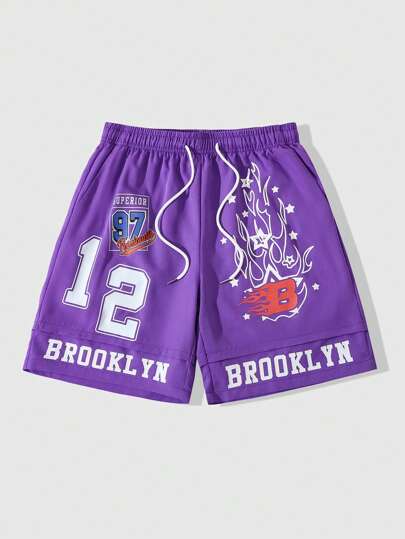 Prep Pantalones cortos casuales de hombre con estampado de letras y cintura con cordón 2 en 1