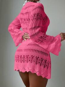 Elenzga Summer Women Plain Crew Neck Long Sleeve Hollow Out Casual Cover Up - Hot Pink - View 2