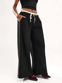SHEIN BAE Women's Loose Wide Leg With Contrast Waist Side Pockets Simple Low Waist Pants, Suitable For Commuting, Casual, Fashion, Retro Style, Office Wear - Black - View 4